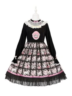 Solid Color Stand Collar Translucent Hollow Out Detachable Cloak Cat Print Classic Lolita Long Sleeve Dress -NAUS Lolita Shop 3 500x672 152