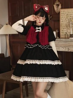 Wish Gift Box Series Cute Red Corduroy Vest Irregular Cuffs Lace Fake Three Pieces Classic Lolita Long Sleeve Dress Set -NAUS Lolita Shop 3 500x672 172