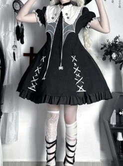 Spider Witch Series Cobweb Doll Collar Cobweb Black High Waist Ruffle Cross Straps Gothic Lolita Puff Sleeves Dress -NAUS Lolita Shop 3 500x672 177