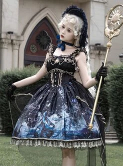 Vintage Gorgeous Fairy Fish Fantasy Print Lace Square Neck Elegant Bead Chain Decorate Gothic Lolita Sleeveless Dress -NAUS Lolita Shop 3 500x672 185