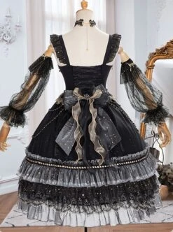 Starry Night Series Organza Palace-Style Jacquard Lace Trim Beaded Decoration Black Sleeveless Classic Lolita Dress Set -NAUS Lolita Shop 3 500x672 200