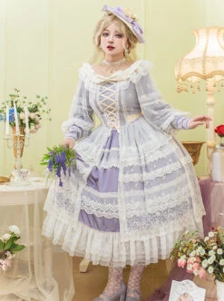 Delicate Ornate Pleated Embroidered Lace Layered Hem Cross Straps Bow Knot Classic Lolita Long Sleeve Dress -NAUS Lolita Shop 3 500x672 201