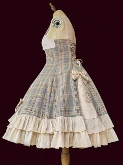 Backlight Memories Record Grey Khaki Check Design Cross Tie Bow Knots Grace Pleated Lace Classic Lolita Slip Dress -NAUS Lolita Shop 3 500x672 202