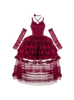 Double Strap Bow Ribbon Rose Pendant Layered Dress Design Elegant Flowy Gothic Lolita Dress Set -NAUS Lolita Shop 3 500x672 203