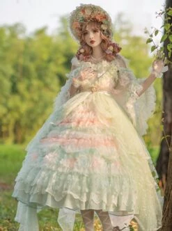 Retro Gorgeous Spring Tea Party Girl Green Bare Shoulder Sweet Lolita Mid-Sleeved Dress -NAUS Lolita Shop 3 500x672 231