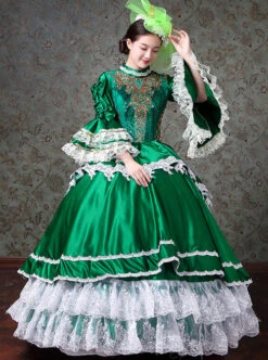 Palace Style White Lace Green Trumpet Sleeve Lolita Prom Long Trailing Dress -NAUS Lolita Shop 3 500x672 243