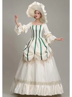 White Long Green Vertical Stripe Decoration Puff Long Sleeve Royal Dinner Annual Meeting Party Retro Court Lolita Prom Dress -NAUS Lolita Shop 3 500x672 262