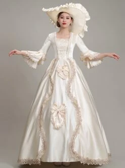 Light Champagne Square Collar Mid-length Trumpet Sleeve Lace Pearls Bow Decoration Simple Elegant Retro Court Style Lolita Prom Dress -NAUS Lolita Shop 3 500x672 264