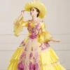 Yellow Mid-length Sleeve Sequin Pink Flowers Embroidery European Court Lolita Prom Dress