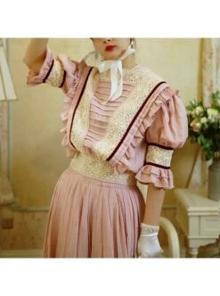 Manta Rose Series Commuter Tea Break A-shaped Middle Waist Square Collar Pink Cotton Flounce Lantern Sleeve Lolita Prom Long Dress