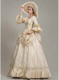 Elegant Champagne Puff Mid-length Sleeve Golden Vertical Stripes Decoration Royal Court Style Lolita Prom Dress