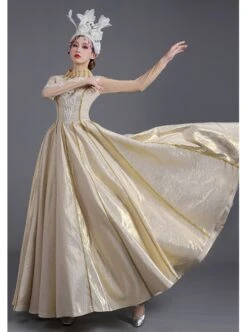 Light Golden High Waist Embroidery Long Sleeve Big Hem Dance Chorus Performance Prom Lolita Dress -NAUS Lolita Shop 3 500x672 286