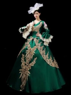 Green V-shape Neckline Dark Golden Embroidery Retro Lolita Prom Long Sleeve Dress -NAUS Lolita Shop 3 500x672 288