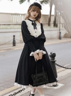 Silent Poem Series Black Nun Autumn Winter White Ruffles Lace Classic Retro Gothic Style Lamb Leg Sleeves Dress -NAUS Lolita Shop 3 500x672 29