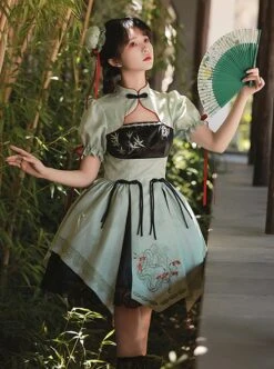 Orchid Pavilion Chinese Style Bamboo Leaves Auspicious Clouds Green Print Elegant Splice Lace Broad Sleeves Classic Lolita Dress OP -NAUS Lolita Shop 3 500x672 303
