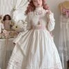 Retro Ruffle Stand Collar Puff Sleeves Detachable Long Sleeves Pearl Bow-Knot Decoration Classic Lolita Long Sleeves Short Sleeves Two-Wear Dress