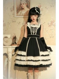 Heartbeat Direction Series JSK Summer Black A-shape Mid-length High Waist Style Flying Sleeves Lace Bow Classic Lolita Sling Dress -NAUS Lolita Shop 3 500x672 317