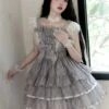 Sleepless Dream Series Ballet Style Diamond-Checked Print Layers Yarn Ruffle Hem Classic Lolita Lace Grey Strap Dress