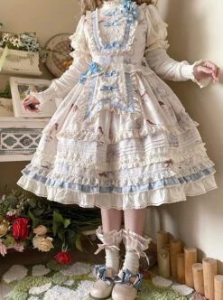 Deer Bell Girls Series Elegant Cute Animal Pattern Printing Lace Bowknot Decoration Ruffle Hem Classic Lolita Short Sleeve Dress OP -NAUS Lolita Shop 3 500x672 327