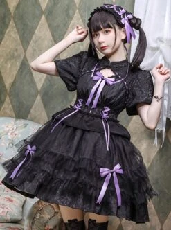 Bow Print Graphic Decoration Small Shawl Chinese Style Buckle Design Pleated Fluffy Lace Hem Classic Lolita Short Sleeve Dress -NAUS Lolita Shop 3 500x672 332