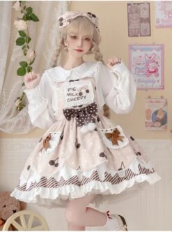 Cherry Milk Pie Series JSK Cute Polka Dot Pattern Brown Element Bow Tie Pleated Lace Classic Lolita Sling Dress -NAUS Lolita Shop 3 500x672 339