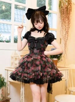 Chinese Style Northeast Big Flower Beautiful Black Bowknot Exquisite Mesh Yarn Classic Lolita Puff Sleeves Slip Dress -NAUS Lolita Shop 3 500x672 346