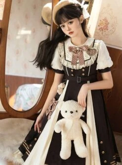 Chocolate Workshop Series Brown College Style Cute Lace Round Neckline Bowknot Classic Lolita Short Sleeves Long Dress OP -NAUS Lolita Shop 3 500x672 349
