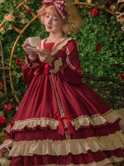 Miss Betty Series Solid Color Daily Spring Autumn Striped V-Neck Red Bow-Knot Decoration Classic Lolita Long-Sleeved Dress -NAUS Lolita Shop 3 500x672 353