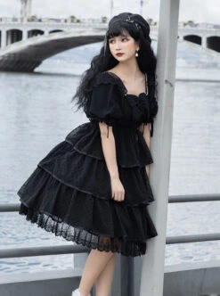 Sicily Series OP Three-section Hem Vintage Elegant Black Chiffon Classic Lolita Short Sleeve Dress -NAUS Lolita Shop 3 500x672 360