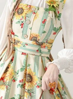 Forest Basket Series Retro Pastoral Grace Yellow Green Sunflower Stripe Print Classic Lolita Sleeveless Dress JSK -NAUS Lolita Shop 3 500x672 374