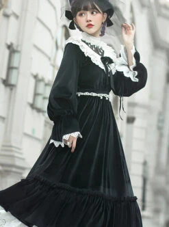 Tenderness Champs Elysees Series OP Elegant Velvet Classic Lolita Long Sleeve Dress -NAUS Lolita Shop 3 500x672 384