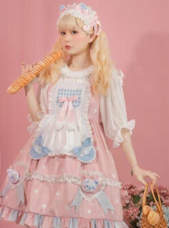 Jennie Bear Diary Series Cute Sweet Pink Ruched Lace Bow Trim White Polka Dots Bear Doll Shape Apron Classic Lolita Short Sleeve Dress -NAUS Lolita Shop 3 500x672 389