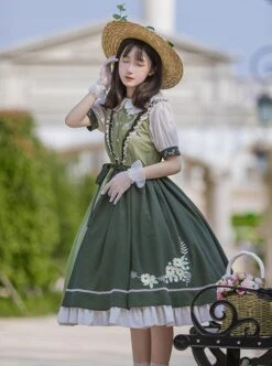 Summer Embroidered Doll Collar Cute Puff Sleeves Green Little Daisy Embroidered Stitching Hem Classic Lolita Short Sleeve Dress -NAUS Lolita Shop 3 500x672 407