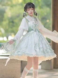 Chinese Style Stand-Up Collar Embroidered Bowknot Swan Castle Print Ribbon Trim Removable Sleeves Classic Lolita Sleeveless Dress -NAUS Lolita Shop 3 500x672 408