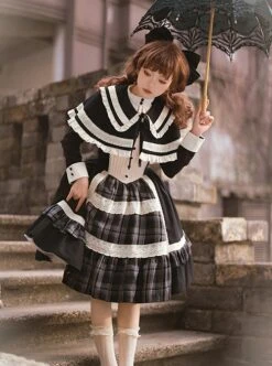 White Night Notes Series French Romance Retro Black Hollow Plaid Pattern Classic Lolita Puff Sleeves Dress Knitted Cape Set -NAUS Lolita Shop 3 500x672 431