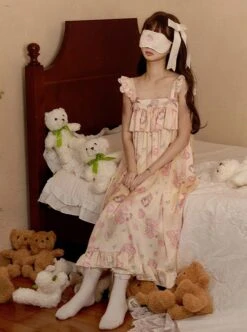 Sleepy Bear Series Apricot Small Flying Sleeve Ruffle Ribbon Suspender Nightdress Loose Sweet Lolita Dress -NAUS Lolita Shop 3 500x672 433