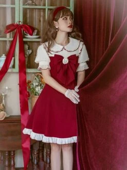 Doll Collar Chest Red Big Bow Puff Sleeves Ruffled Hem Design Classic Lolita Short Sleeve Dress -NAUS Lolita Shop 3 500x672 436