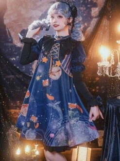 Interstellar Little Bear Series Red Panda Print Stripe Lace-Up Little Star Bowknot Decoration Classic Lolita Long-Sleeved Dress -NAUS Lolita Shop 3 500x672 441