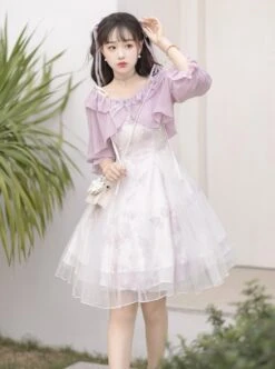 Daily Elegant Girl Purple Lantern Sleeve Short Coat Rose Print Slim Fit Classic Lolita Sleeveless Dress Set -NAUS Lolita Shop 3 500x672 442