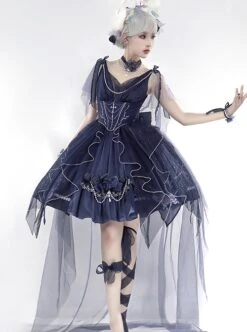 Mirror Of Thorns Series Blue Gorgeous Elegant Rose Thorns Print Irregular Skirt Hem Butterfly Bead Chain Decorative Classic Lolita Sleeveless Dress -NAUS Lolita Shop 3 500x672 466