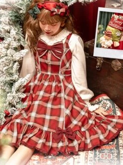 Christmas Eve's Carol Series Red Plaid Sweet Red Bow Simple A-Line Skirt Christmas Classic Lolita Sleeveless Dress -NAUS Lolita Shop 3 500x672 47