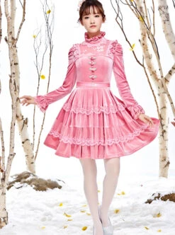 Pink Thickened Flounce Classic Lolita Long Sleeve Dress -NAUS Lolita Shop 3 500x672 477