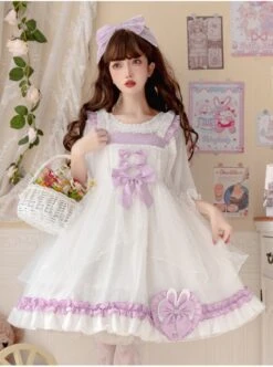 Sagiri Carol Series White Mesh Letter Embroidery Purple Ruched Heart-Shaped Bow Sleeveless Dress -NAUS Lolita Shop 3 500x672 486