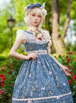 Flower And Grass Collection Series JSK Blue Floral Print Elegant Classic Lolita Sleeveless Dress Suit -NAUS Lolita Shop 3 500x672 491