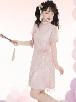 Pink Jacquard Embroidery Chinese Style Improved Cheongsam Jacquard Lace Bow Knot Stand Collar Plate Buckle Tassel Decoration Classic Lolita Dress -NAUS Lolita Shop 3 500x672 497