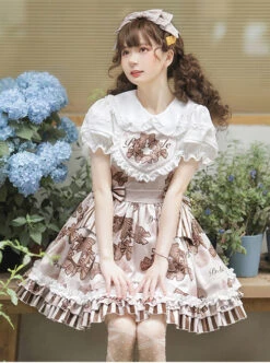 Chocolate Wreath Series Brown Bow Knots Print Pattern Decoration Pleated Lace Doll Neckline Classic Lolita Strap Dress -NAUS Lolita Shop 3 500x672 502