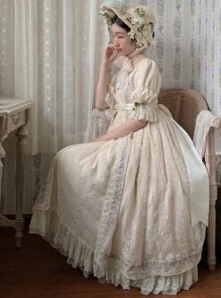 Sally Garden Series Daily Imperial Style Square Neckline High Waist Lotus Short Sleeves Small Floral Embroidery Long Dress OP -NAUS Lolita Shop 3 500x672 504