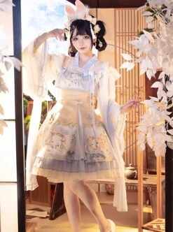 Laurel Prayer Series Chinese Style Cute Rabbit Print Lace Ruffle Skirt Bowknot Decoration Ribbon Sweet Lolita Sleeveless Dress Set -NAUS Lolita Shop 3 500x672 505