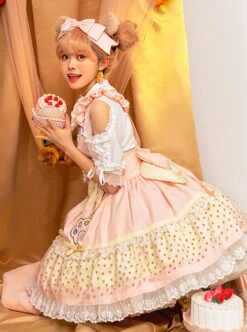 Knitted Cute Plush Bear Embroidery Design Hem Panel Mesh Bow Knots Decoration Classic Lolita Strap Dress -NAUS Lolita Shop 3 500x672 508