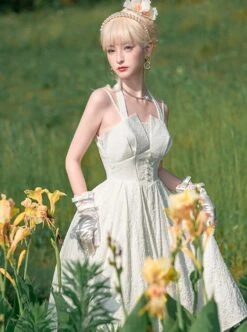 Hepburn Style Elegant White Halterneck Pearl Embellished Simple Jacquard Fabric Classic Lolita Sleeveless Dress -NAUS Lolita Shop 3 500x672 511